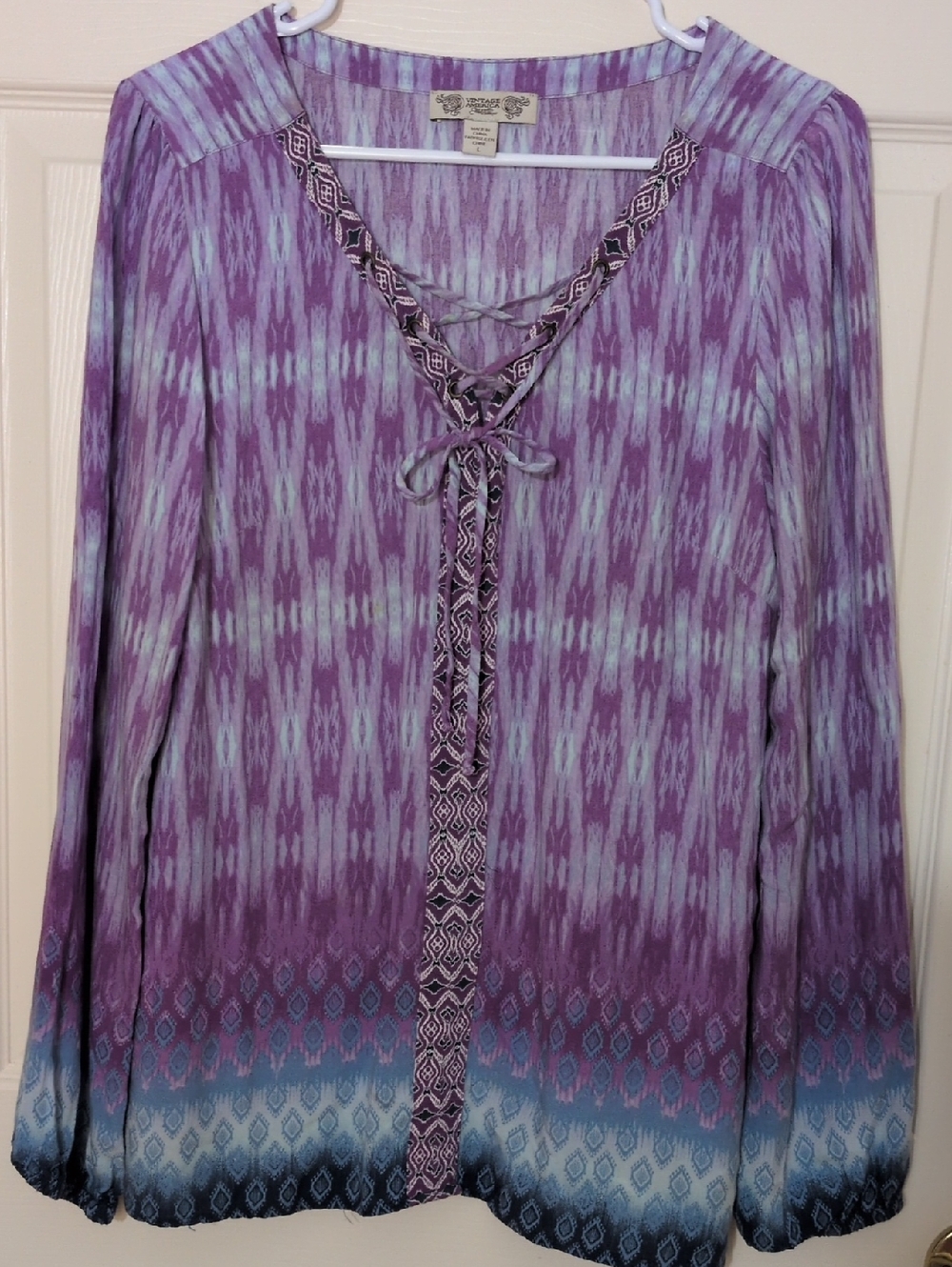 Vintage America Purple and Light Blue Ombre Lace-Up Tunic, Size Large